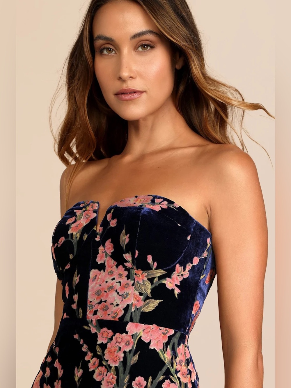 Lulus Bloom In Mind Navy Blue Floral Print Velvet Strapless Maxi Dress XS NWT - Picture 2 of 11